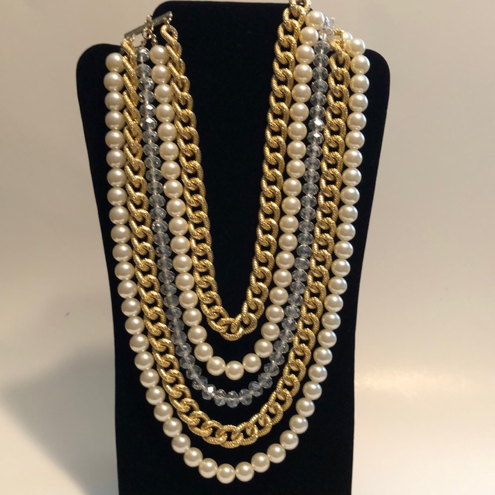 Multi strand faux Pearl gold tone chained necklace